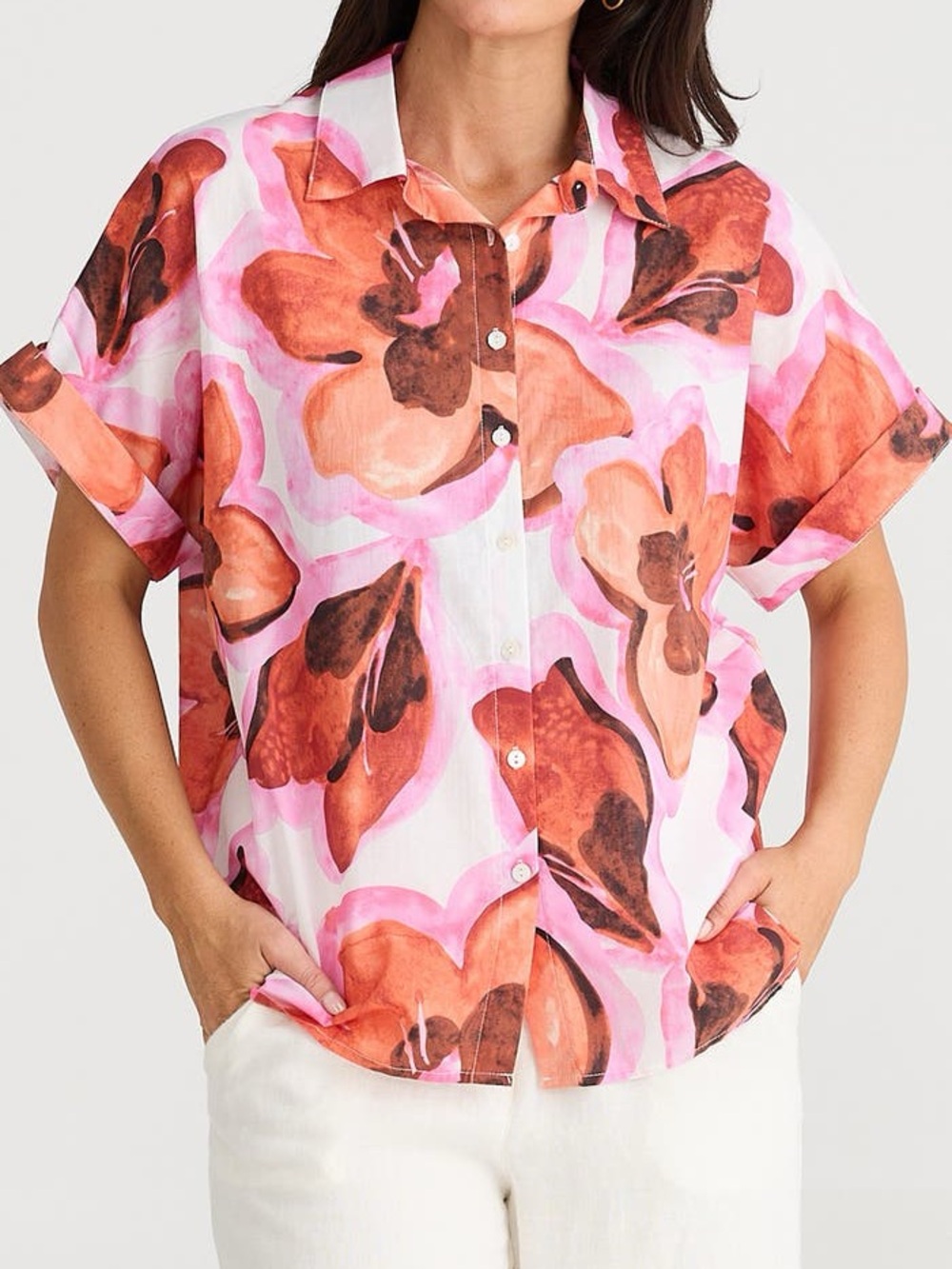 Brave+True Alice Floral Button-Front Short Sleeve Top - Pink & Orange M/L - Picture 2 of 4